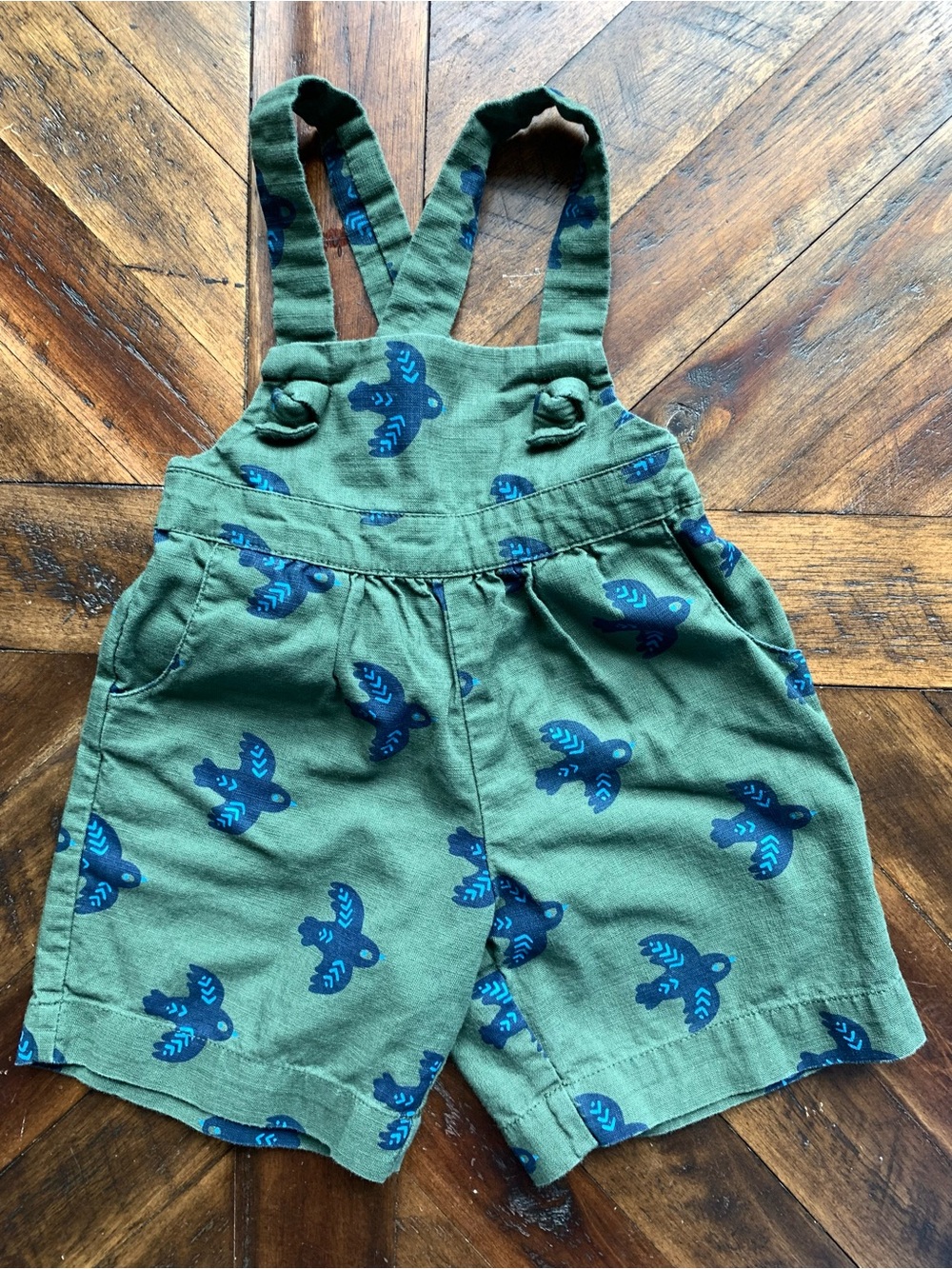 Gymboree Olive Green Overalls with Blue Bird Print